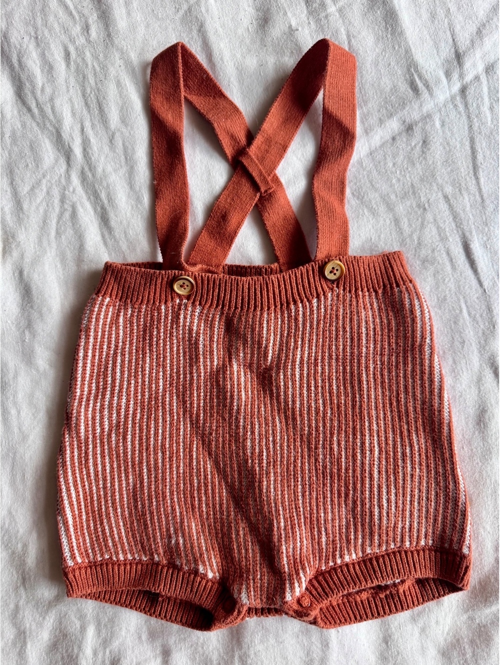 Knit pumpkin spice overall shorts for baby size 12 months